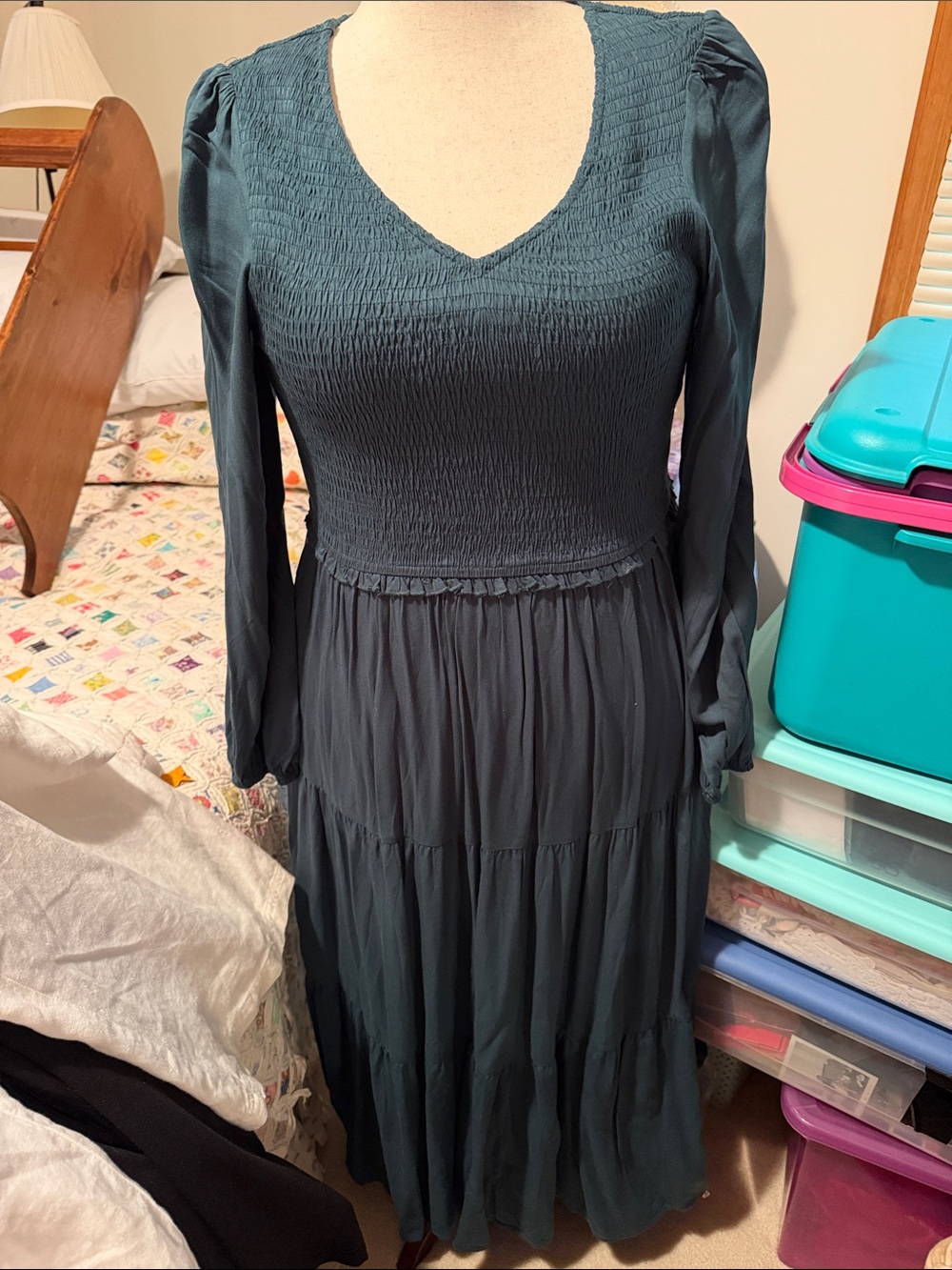 Smocked V-Neck Maxi Dress in Dark Teal